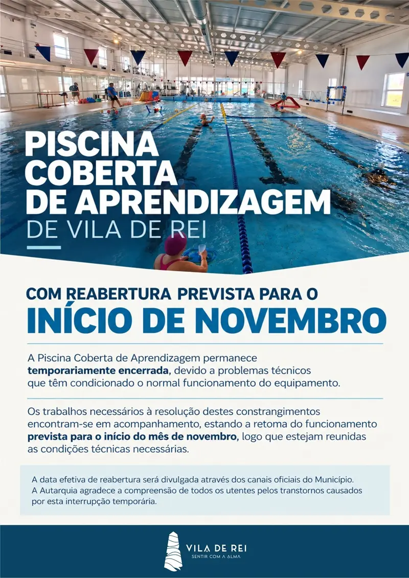 Imagem que acompanha a notícia «VILA DE REI - Piscina Coberta de Aprendizagem só deverá reabrir no início de novembro» (Rádio Hertz)
