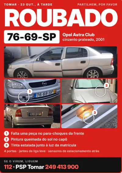Imagem que acompanha a notícia «TOMAR - Opel Astra roubado. Proprietário pede ajuda para encontrar viatura» (Rádio Hertz)