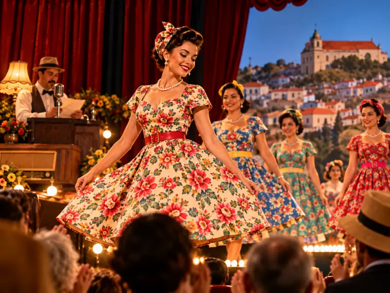 Imagem que acompanha a notícia «Vestidos de chita desfilam em Constância em concurso inspirado nos anos 60 e 70» (mediotejo.net)